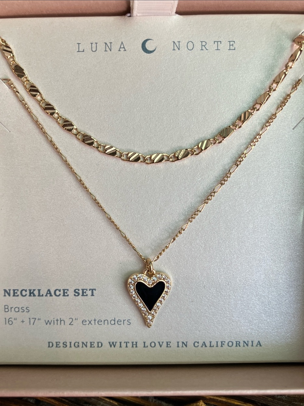 Luna Norte Gold Layered Necklace with Black Heart Pendant &  5 FREE HAIR CLIPS!!